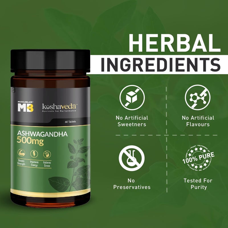 MuscleBlaze Koshaveda Ashwagandha 500mg, Ayurveda for Performance, Ayush Approved, High Strength Potent Formula, Boost Muscle Mass & Strength, Enhance Immunity, 60 Tablets Each (Pack of 2) - Image 4